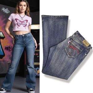 Y2K Gazoz Blue High Rise Colorful Stitching Flare Jeans Size 11 | 12